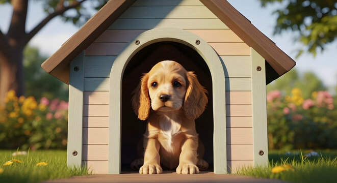 Adorable puppy sitting inside a colorful doghouse outdoors on a sunny day with lush greenery and blooming flowers in the background for pet lovers and animal enthusiasts