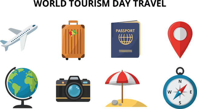 Flat illustrations of travel items plane suitcase passport location pin globe camera beach umbrella compass