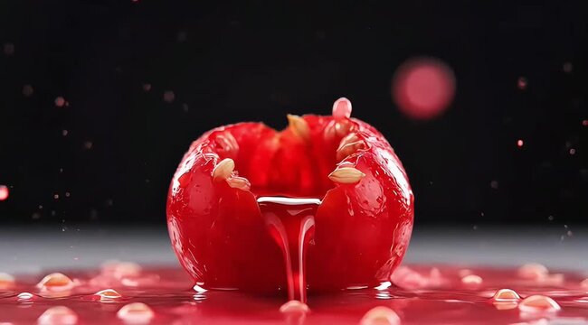Exploding Pomegranate Fruit Splashing Juice and Seeds in Slow Motion.