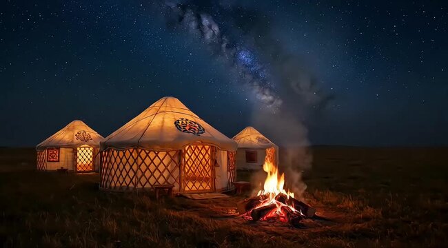 Traditional Yurts Under a Starry Night Sky with Campfire.
