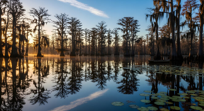 Misty cypress swamp at sunrise with Spanish moss hanging from trees and reflections in the calm water serene natural landscape