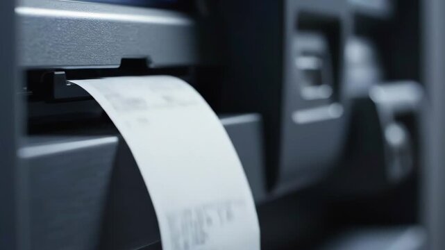 ATM receipt printing from payment terminal slot, thermal paper emerging during financial transaction in banking kiosk, automated retail system, digital commerce and transaction confirmation