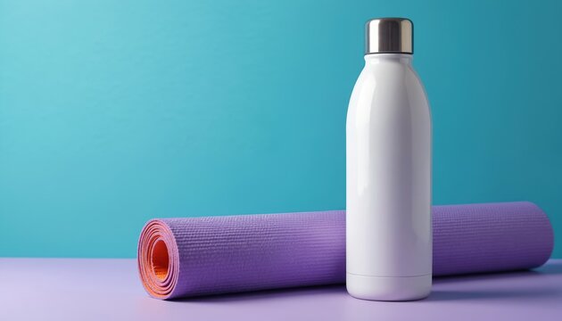 White thermos bottle and purple rolled yoga mat rest on flat surface. Clean studio setup for fitness and wellness activities. Hydration and exercise gear ready for use.