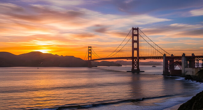 Golden Gate Bridge at sunset iconic California landmark with dramatic sky and ocean reflection perfect for travel and tourism concepts