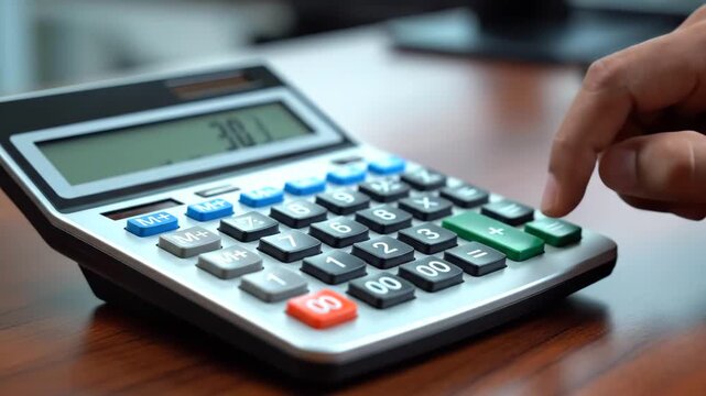Hand pressing calculator buttons on office desk while performing financial calculations, close-up business accounting scene showing budgeting, expense tracking and everyday finance management