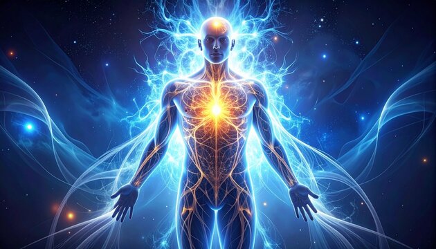 An abstract human body glows with energy and motion against a blue sky backdrop, blending art and science through a fluid wave of light and smoke
