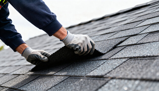 A close-up shot shows a person's gloved hands installing new asphalt shingles on a roof, demonstrating the process of roof construction or repair with attention to detail.