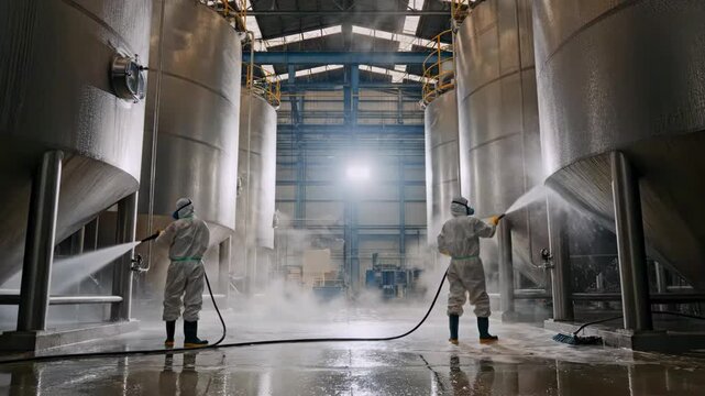 Industrial workers pressure washing massive fermentation tanks inside processing plant, protective suits spraying water and foam during sanitation procedure, sterile maintenance and biosecurity