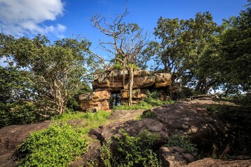 Ancient Rock Formations and Overhanging Trees at Vessagiriya, Sri Lanka