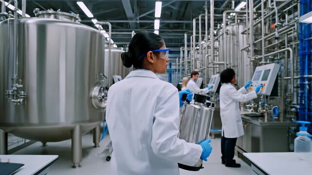 Scientist carrying sealed chemical container through stainless laboratory facility, researcher in protective gloves moving between bioreactors and control systems, sterile biotech production