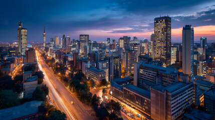 Naklejka premium Bustling Contemporary City Skyline at Dusk in a Developing African Urban Landscape