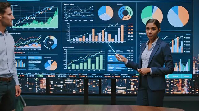 Business analyst presenting analytics dashboard on large screen, confident executive explaining charts, metrics during corporate meeting in modern boardroom with city skyline view, strategic planning