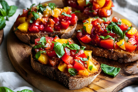 Vibrant Italian Bruschetta with Fresh Basil and Colorful Tomato Topping on Rustic Wooden Board