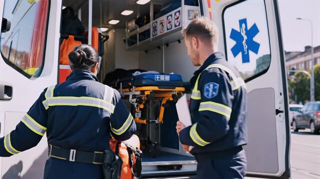 Paramedics preparing ambulance equipment before emergency call, medical team checking stretcher and supplies beside response vehicle, focused professionals coordinating rapid departure for urgent