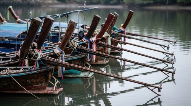 Row traditional thai longtail boats moored in calm water with colorful ribbons tied to wooden prows, for tourism, travel, maritime culture
