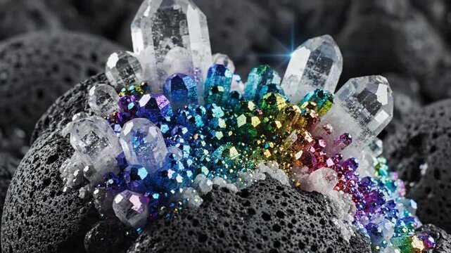 Multicolored crystals and gems embedded in dark porous rocks viewed from a close-up perspective