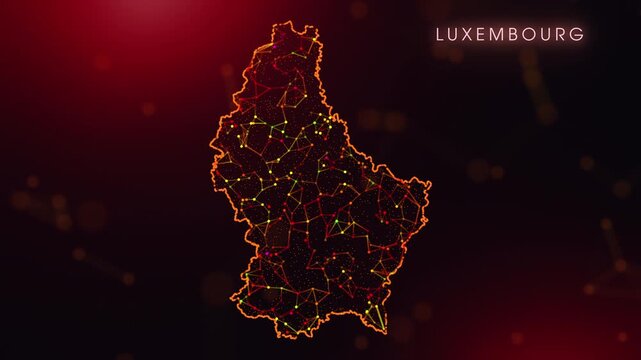 A dynamic motion video showcasing the Luxembourg country border through a colorful plexus reveal. Glowing red and orange dots represent high-tech data communication and global digital networks.