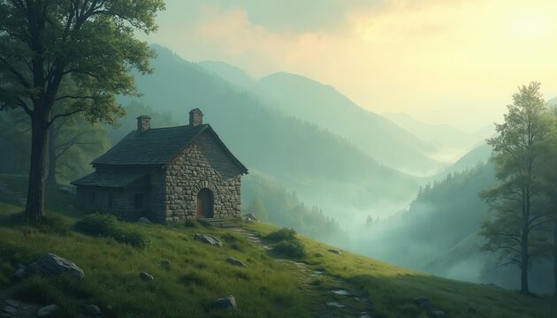 Stone house sits on a grassy hill overlooking a misty mountain valley. Trees surround the isolated cabin. Path leads to the old building in a serene natural landscape.