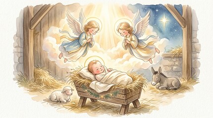 Fototapeta premium Baby Jesus with soft angel light watercolor nursery illustration