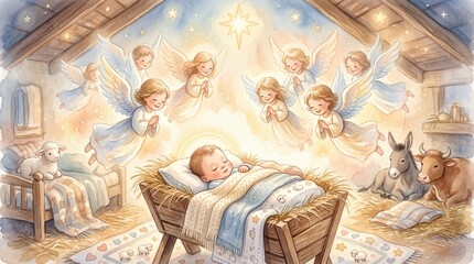 Naklejka premium Baby Jesus with soft angel light watercolor nursery illustration
