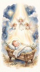 Naklejka premium Baby Jesus with soft angel light watercolor nursery illustration