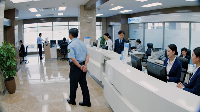 Asian Bank reception staff assisting customers at modern financial office counter while security guard patrols bright marble lobby, professional service atmosphere inside busy corporate banking branch