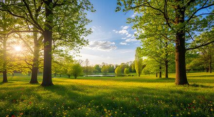 Fototapeta premium Lush green park with tall trees and wildflowers bathed in golden sunlight creating a serene landscape for nature and outdoor concepts