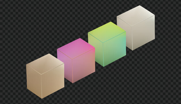 Set of four 3D isometric colorful cubes on transparent background