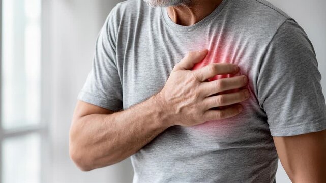 A mature man experiencing severe chest pain and clutching his heart, signifying a heart attack.