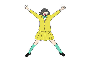 大の字でジャンプして喜ぶ女子高生のイラスト　元気と成功　手書きベクター素材