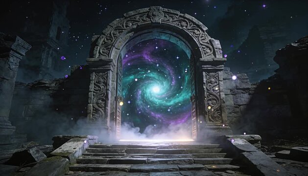 Ancient fantasy stone gate door and portal ruin under starlit night sky swirling cosmic vortex glowing mist atmospheric mysterious magic arch and cosmic ruin landscape