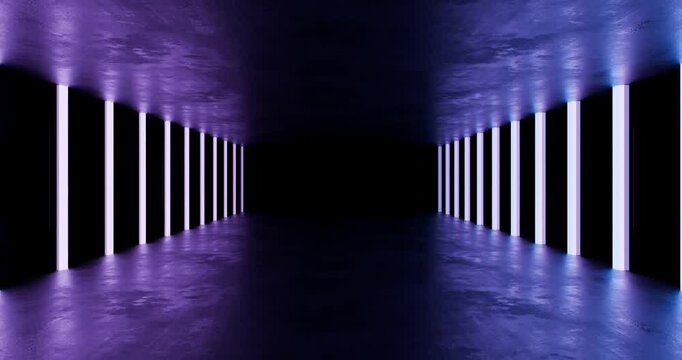 Futuristic neon purple corridor with glowing light columns 3d loop animation