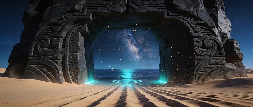 Fantasy gate door desert portal starry night sky with glowing magic light ancient stone arch swirling pattern opening to ocean horizon starlight reflections mystic energy dreamlike wonder atmosphere