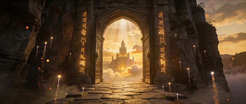 Fantasy gate door portal opening stone arch with glowing rune symbol to mystical castle city in cloud sky at golden sunset light with magic spark misty atmosphere epic mysterious mood