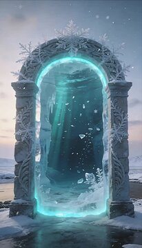 Fantasy gate door portal of magic frost and ice archway glowing entrance mystical winter landscape snowy frozen cave ethereal light beam cold crystal serene dreamlike realm wonder