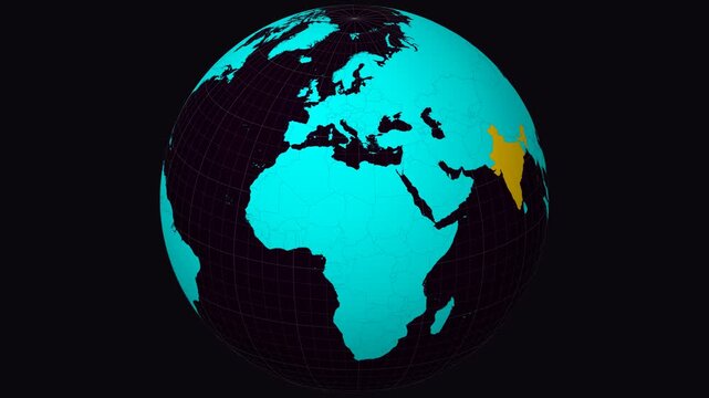 Kerala, India on Globe. Animated zoom into the state. Kerala, India intro, logo, presentation animation. Boundary shape on globe with round text. Short video.
