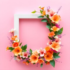 Vibrant floral arrangement surrounding a white frame on a soft pink background from a top view