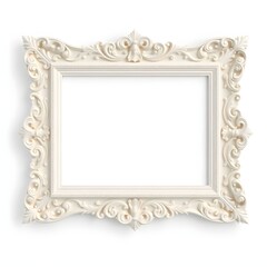 An ornate white picture frame with intricate carvings and a rectangular shape displayed on a plain background