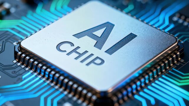 Close-up of a modern processor labeled AI CHIP integrated into a glowing electronic circuit.