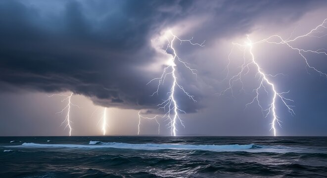 Multiple brilliant lightning strikes illuminate a dark ocean storm under heavy cloud cover
