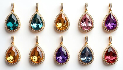 Collection of ten pear cut gemstone pendants in gold settings. Diverse colors include teal, yellow, pink, purple, blue, and red. Each gem surrounded by small diamonds.