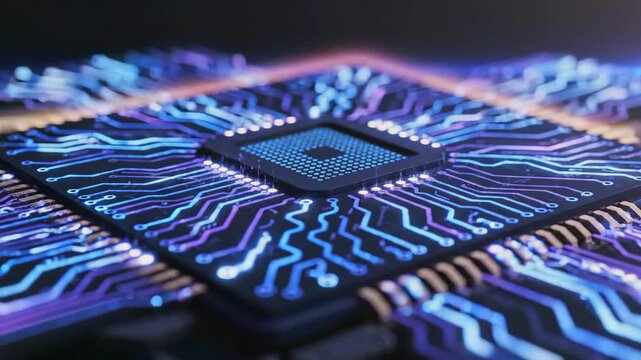 Microchip processor glowing on circuit board with luminous data pathways, futuristic electronics architecture symbolizing artificial intelligence, computing power and digital network technology