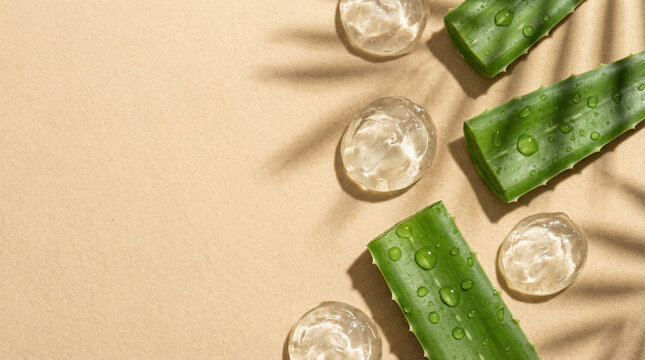Flat lay of aloe vera gel scoops and cut aloe leaf segments arranged diagonally on a soft sandy textured background, realistic wet gel shine and organic shadows
