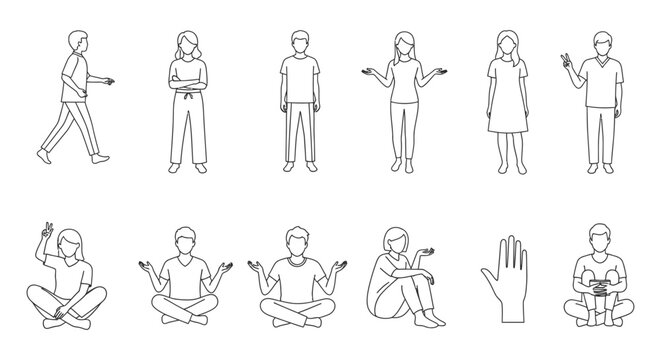 line art diverse people showing various body language and hand gestures perfect for modern uiux and communication design