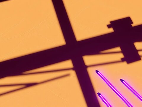 Shadows stretch across a biege leather expanse punctuated by stark violet neon trails from a vertiginous aerial perspective, biege leather,  high vantage point