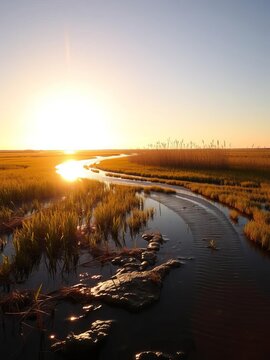 Golden sun paints a Virginia salt marsh at sunset, brackish water ebbs and flows with the tide,  environment,  golden hour