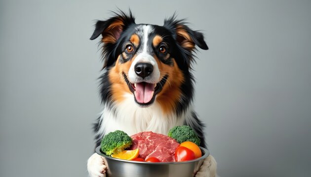 Happy Australian Shepherd holds metal bowl with raw meat, broccoli, orange slices. Dog excited for healthy food. Balanced nutrition for pets promotes wellness and energy.