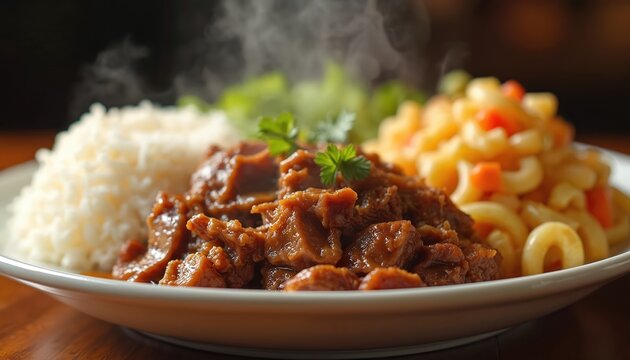 Steaming plate of Hawaiian kalua pork with white rice and macaroni salad. Savory shredded meat, fluffy grains, and pasta mix offer a hearty meal. Food closeup shows delicious comfort dining.