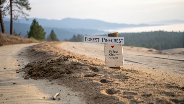 Scenic View of Forest Pinecrest Sign on Nature Trail Near Calm Lake in the Mountains During Golden Hour Light