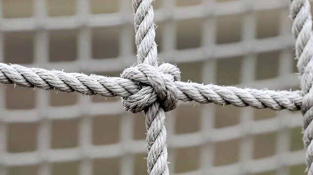 A close-up shot focuses on a sturdy, grey rope net, intricately knotted where the thick ropes intersect to form a cohesive grid pattern. The tactile texture of the braided ropes is clearly visible, hi